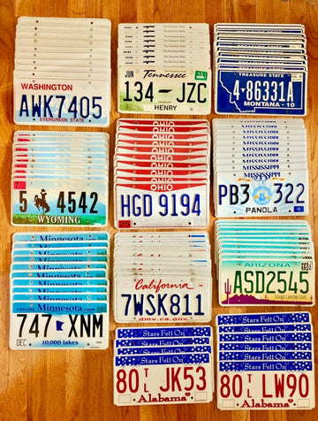 100 License Plates - 10 of Each State: WA, WY, MN, TN, OH, CA, AL, MT, MS, AZ