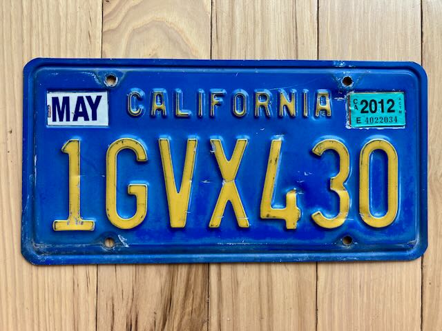 Blue California License Plate with 2012 Tabs