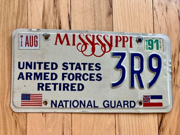 1991 Mississippi US Armed Forces Retired National Guard License Plate