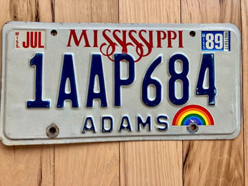 1989 Mississippi Adams County License Plate