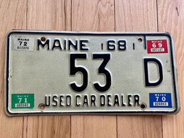 1968 Maine Used Car Dealer License Plate W/Stickers
