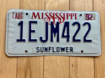 1992 Mississippi Sunflower County License Plate