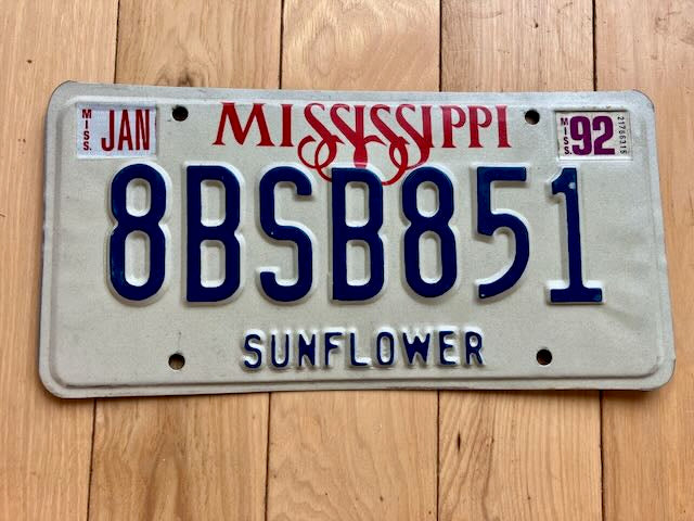 1992 Mississippi Sunflower County License Plate