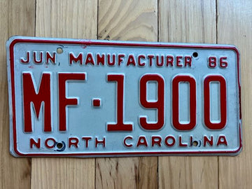 1986 North Carolina Manufacturer License Plate