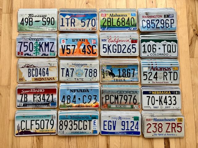 Lot of 100 License Plates- 20 Different States, 5 of Each in Craft Condition