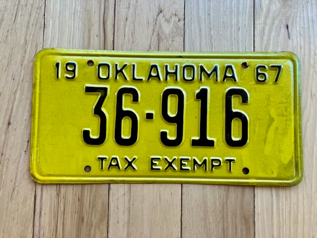 1967 Oklahoma Tax Exempt License Plate