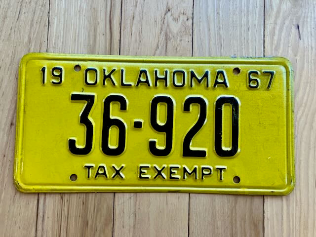 1967 Oklahoma Tax Exempt License Plate