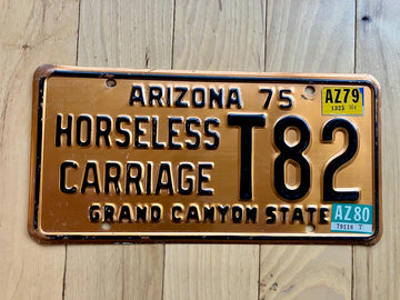 1975 Copper Arizona Horseless Carriage License Plate W/ 1979 and 1980 Tabs