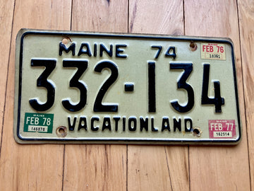 1974 Maine License Plate W/ 1975, 1976, and 1977 Tabs