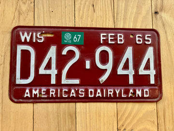 1965 Wisconsin License Plate W/ 1967 Tab