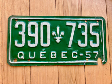 1957 Quebec License Plate - Bolt Hole Damage On Bottom Right