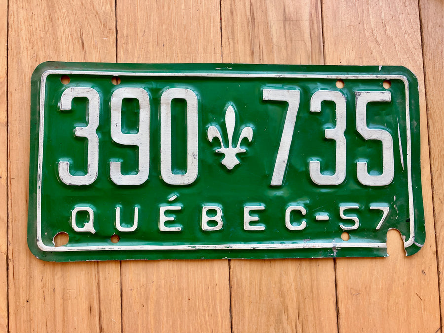 1957 Quebec License Plate - Bolt Hole Damage On Bottom Right