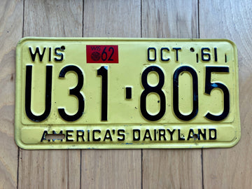 1961 Wisconsin License Plate W/ 1962 Tab