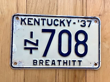 1937 Kentucky In Transit Breathitt County License Plate - Touch Up On Sides