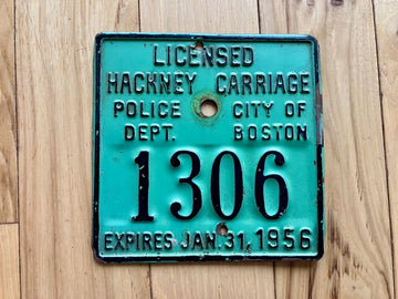 1956 City of Boston Licensed Hackney Carriage License Plate