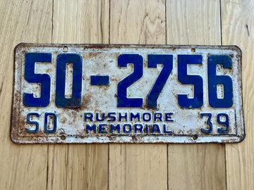 1939 South Dakota Rushmore Memorial License Plate