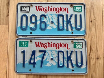 Pair of 1998 Washington State License Plates (Sticker Build up to 2002 on Rear)