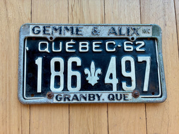1962 Quebec License Plate W/ Gemme & Alix Granby Plate Frame