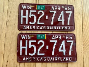 Pair of 1965 Wisconsin License Plates W/ 1967 Tabs