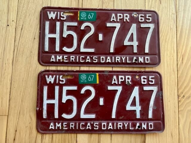 Pair of 1965 Wisconsin License Plates W/ 1967 Tabs