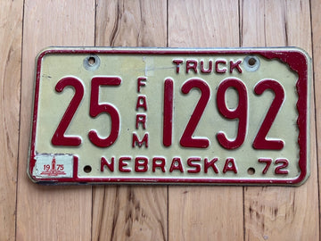 1972 Nebraska Farm Truck License Plate W/ 1975 Tabs