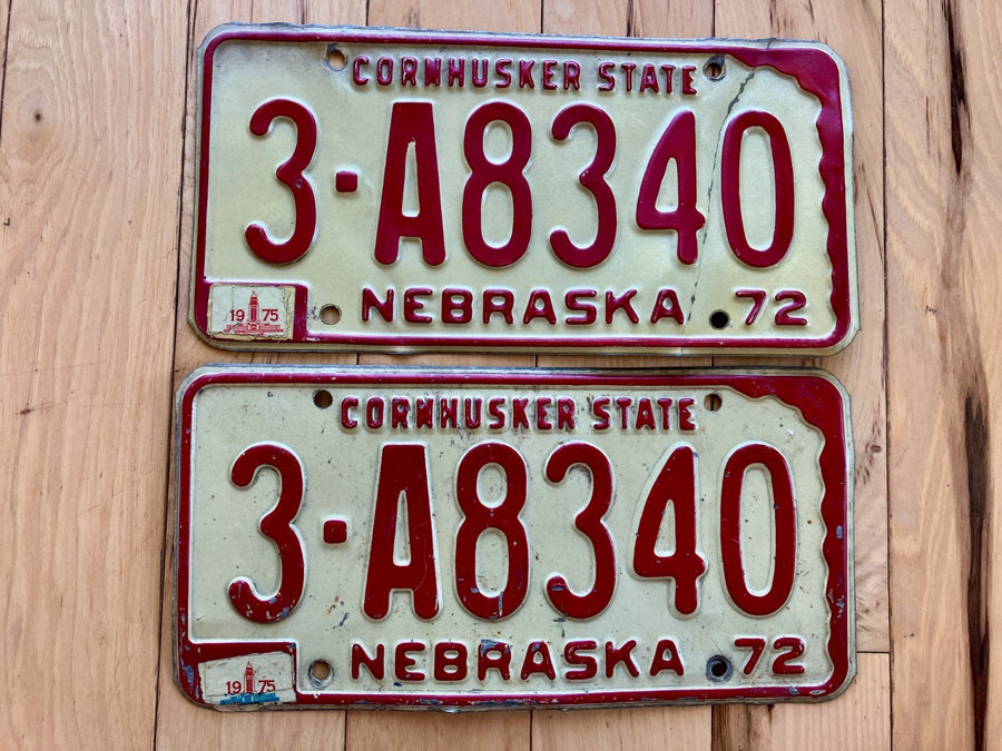 Pair of 1972 Nebraska License Plates W/ 1975 Tabs