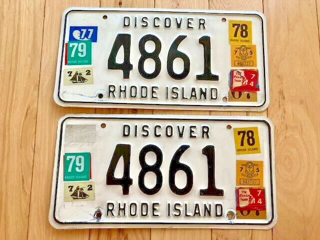 Pair of 1972 Rhode Island License Plates with tabs from 1974, 1975, 1978, 1979