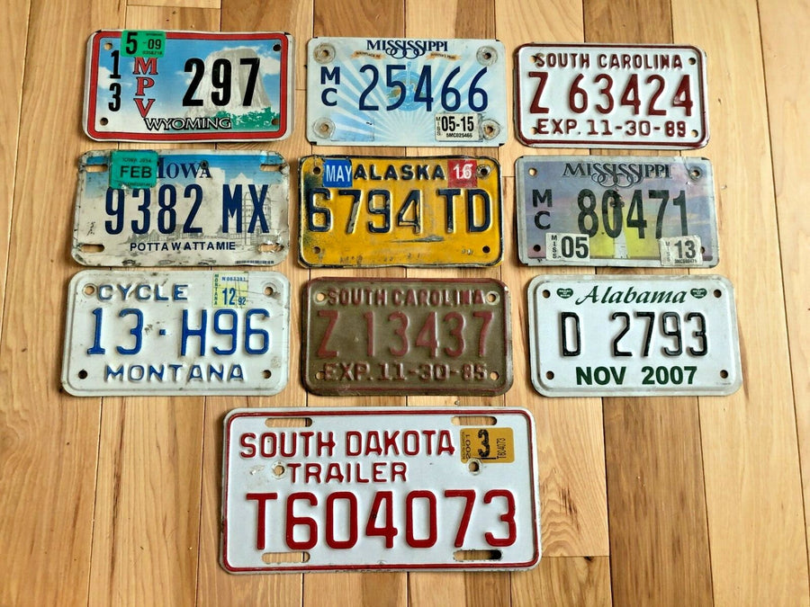 Set of 10 Motorcycle/Trailer License Plates in Craft Condition