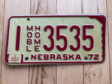 1972 Nebraska Mobile Home License Plate W/ 1975 Tab