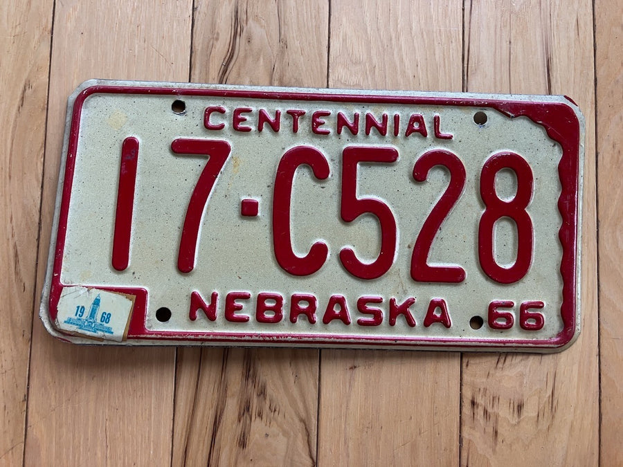 1966 Nebraska Centennial License Plate W/1968 Tab