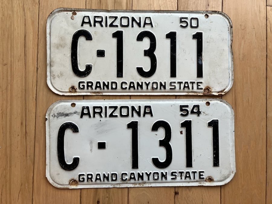 Matching Number 1950 and 1954 Arizona License Plates - Number Is MVD Clear