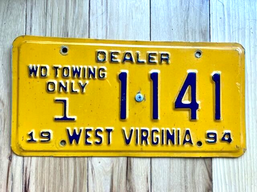 1994 West Virginia WD Towing Dealer License Plate