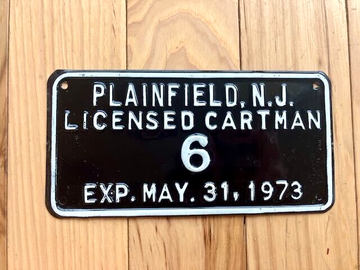 1973 Plainfield New Jersey Licensed Cartman License Plate - Number 6