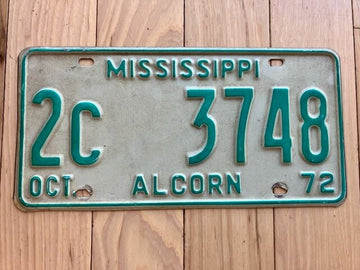 1972 Mississippi Alcorn County License Plate