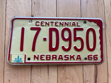 1966 Nebraska Centennial License Plate W/1968 Tab