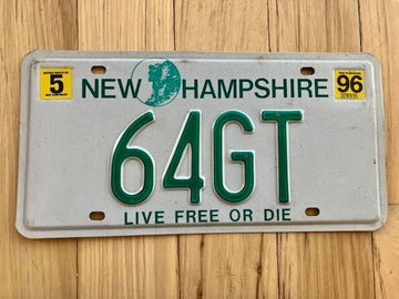 1996 New Hampshire Vanity License Plate - 64GT