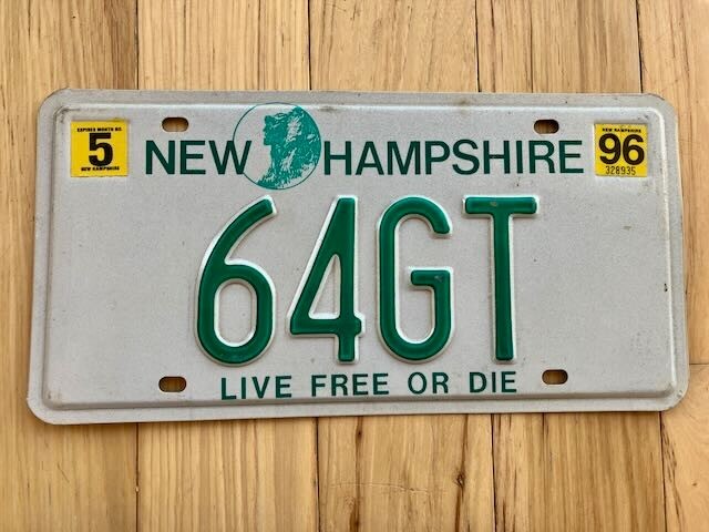 1996 New Hampshire Vanity License Plate - 64GT