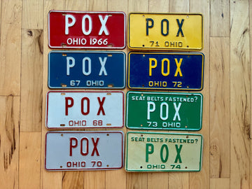 8 Ohio Vanity License Plates - POX. Years 1966 to 1974