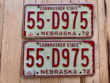 Pair of 1972 Nebraska License Plates W/ 1975 Tabs