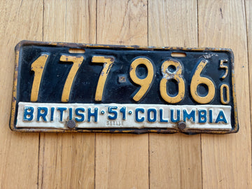 1950 British Columbia License Plate W/ 1951 Tab
