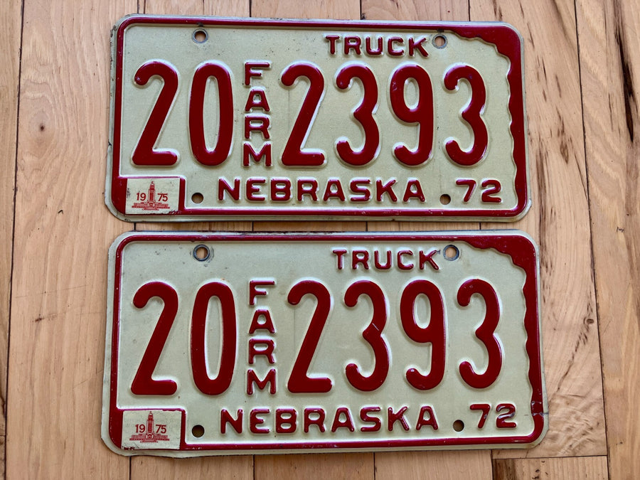 Pair Of 1972 Nebraska Farm Truck License Plates W/ 1975 Tabs