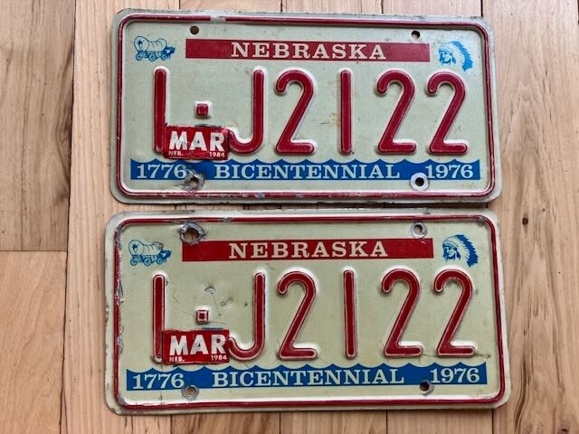 Pair of 1976 Nebraska Bicentennial License Plates W/1984 Tabs