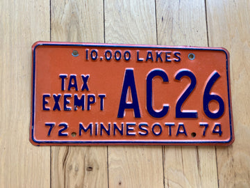1972 1974 Minnesota Tax Exempt License Plate