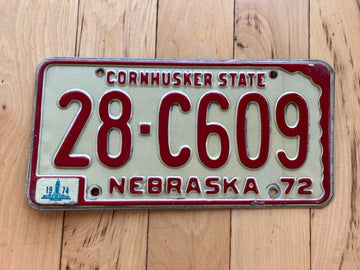 1972 Nebraska License Plate W/ 1974 Tabs