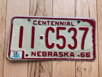 1966 Nebraska Centennial License Plate W/1968 Tab