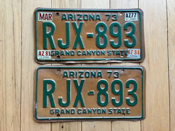 Pair of 1973 Arizona License Plates W/- 1977, 1981 and 1984 Tabs - MVD Clear