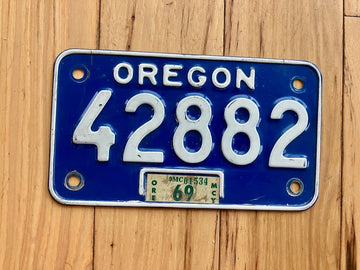 1969 Oregon Motorcycle License Plate - Note Small Cracks Around Top Bolt Holes
