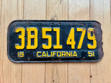 1951 California License Plate - Damage on Right Edge