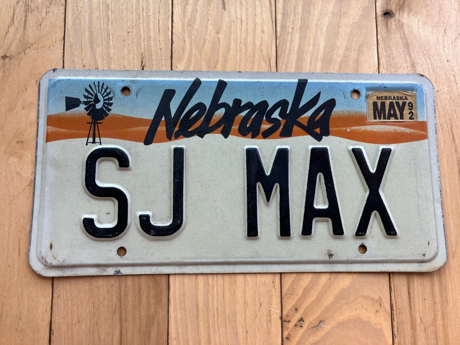 1992 Nebraska Vanity License Plate - SJ MAX
