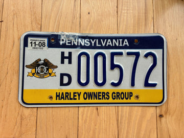 2008 Pennsylvania Harley Owners Group License Plate - Left Bolt Hole Damaged